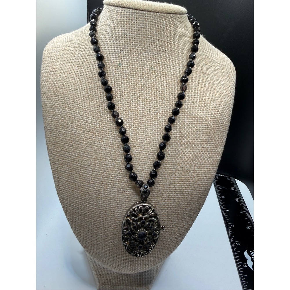 Monet Black Beaded Filigree Locket Necklace Vintage Style Silver Tone Oval 18in